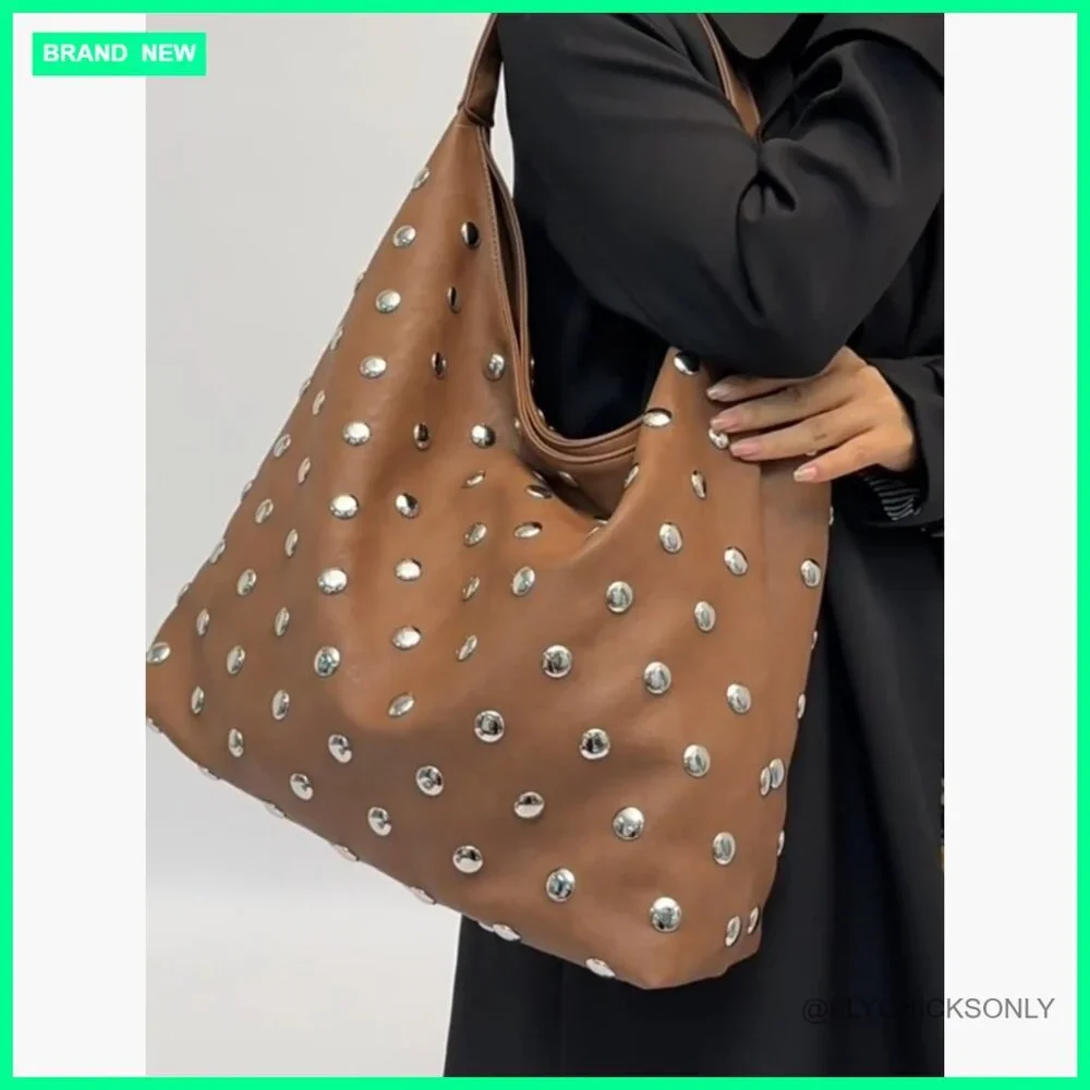 Studded Vegan Leather Hobo Bag Slouchy Shoulder Handbag Tote
